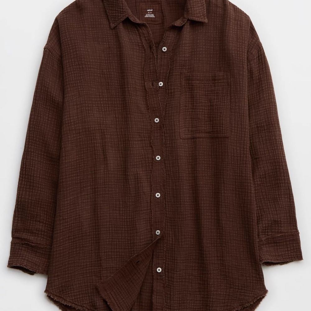 aerie Brown Gauzy Button-Up Coverup Shirt - Picture 2 of 6